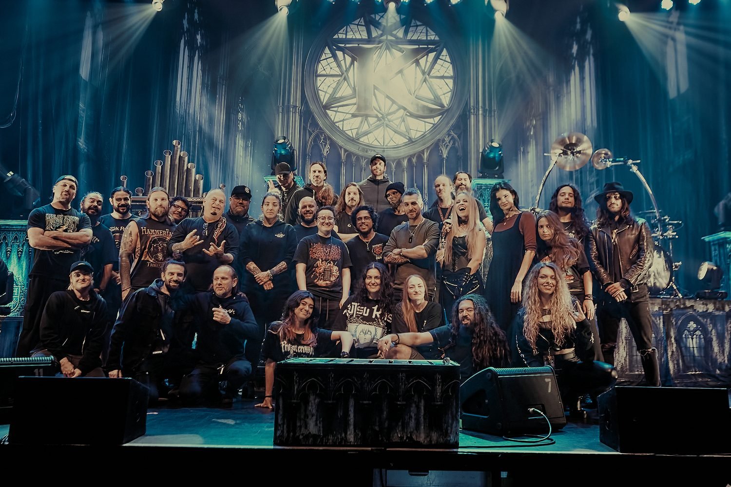 The whole Dark Asylum touring party — KAMELOT, Frozen Crown and Visions of Atlantis, band and crew — on the Silver Spring stage on the last night of the North American leg